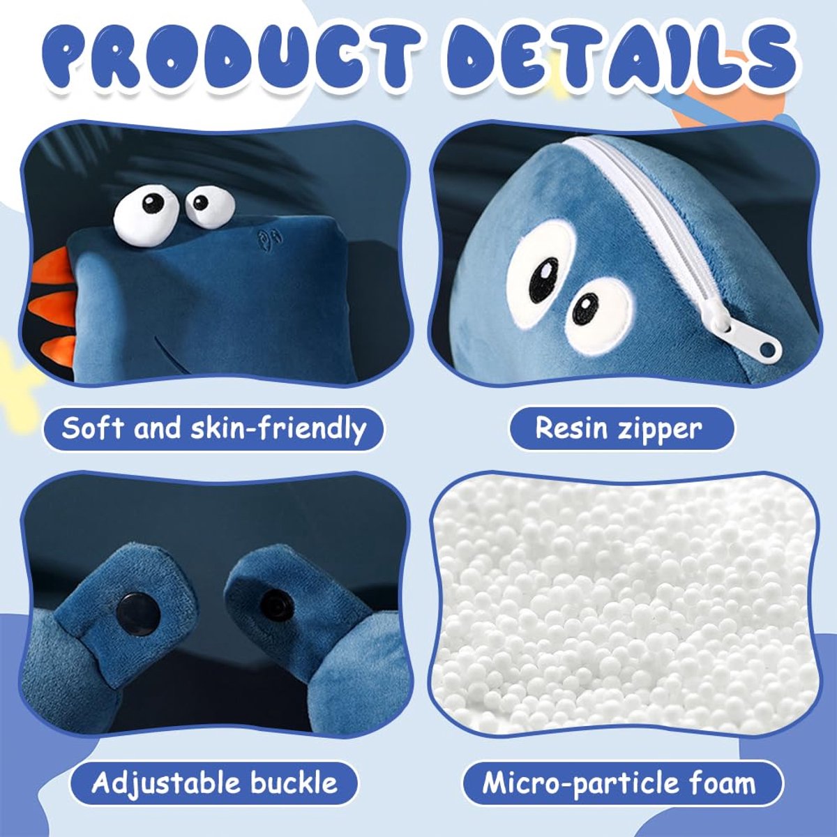 HOVCEH Reiskussen voor kinderen, 2-in-1 nekkussen, ultrazacht, U-vormig, schattige dinosaurus-nekkussen, auto, vliegtuig, reizen (marineblauw)