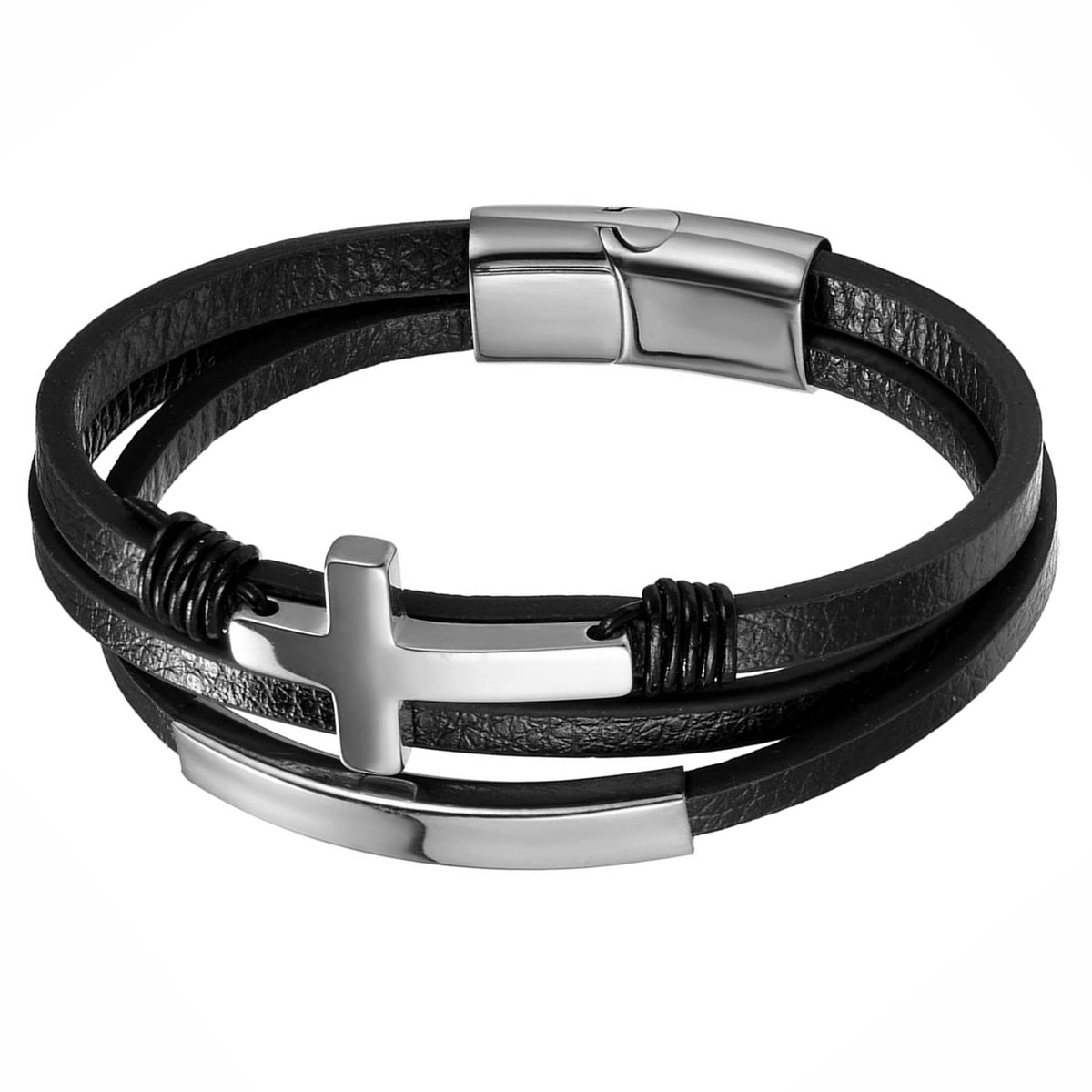 JewelryWe Leren armband voor heren, gratis gravure, gepersonaliseerde kruisbedel, meerlagige lederen wikkelarmbanden met magnetische sluiting