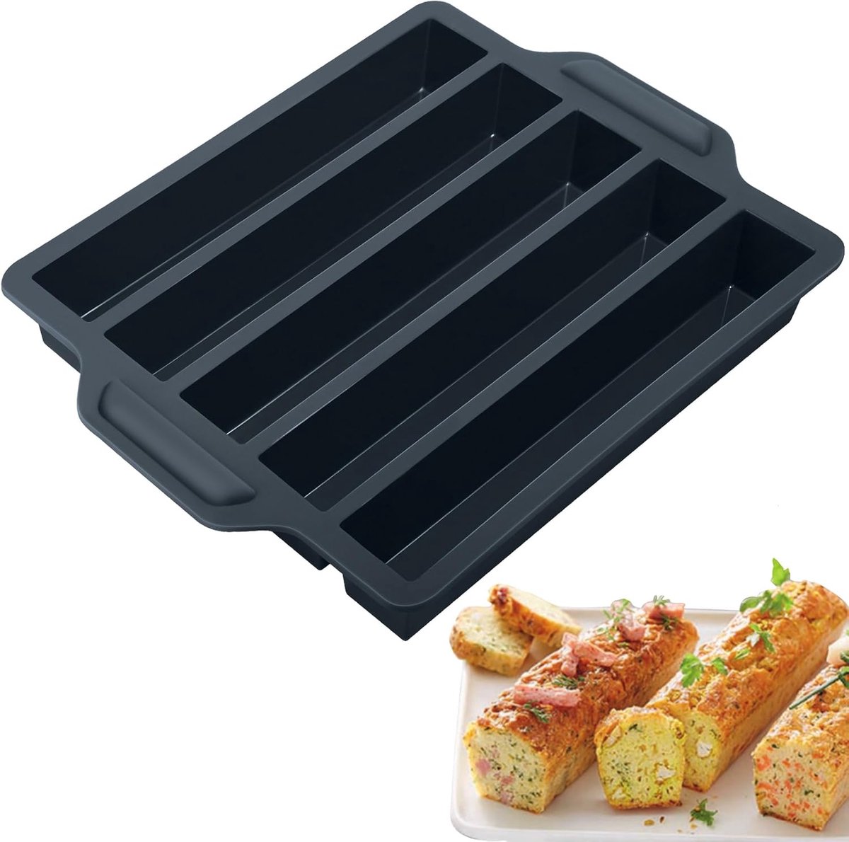 Siliconen cakevorm, 1 stuk met 5 gaten, lange siliconen vorm, rechthoekige vorm, bakvorm, zwart voor aperitieven, gebak en cake