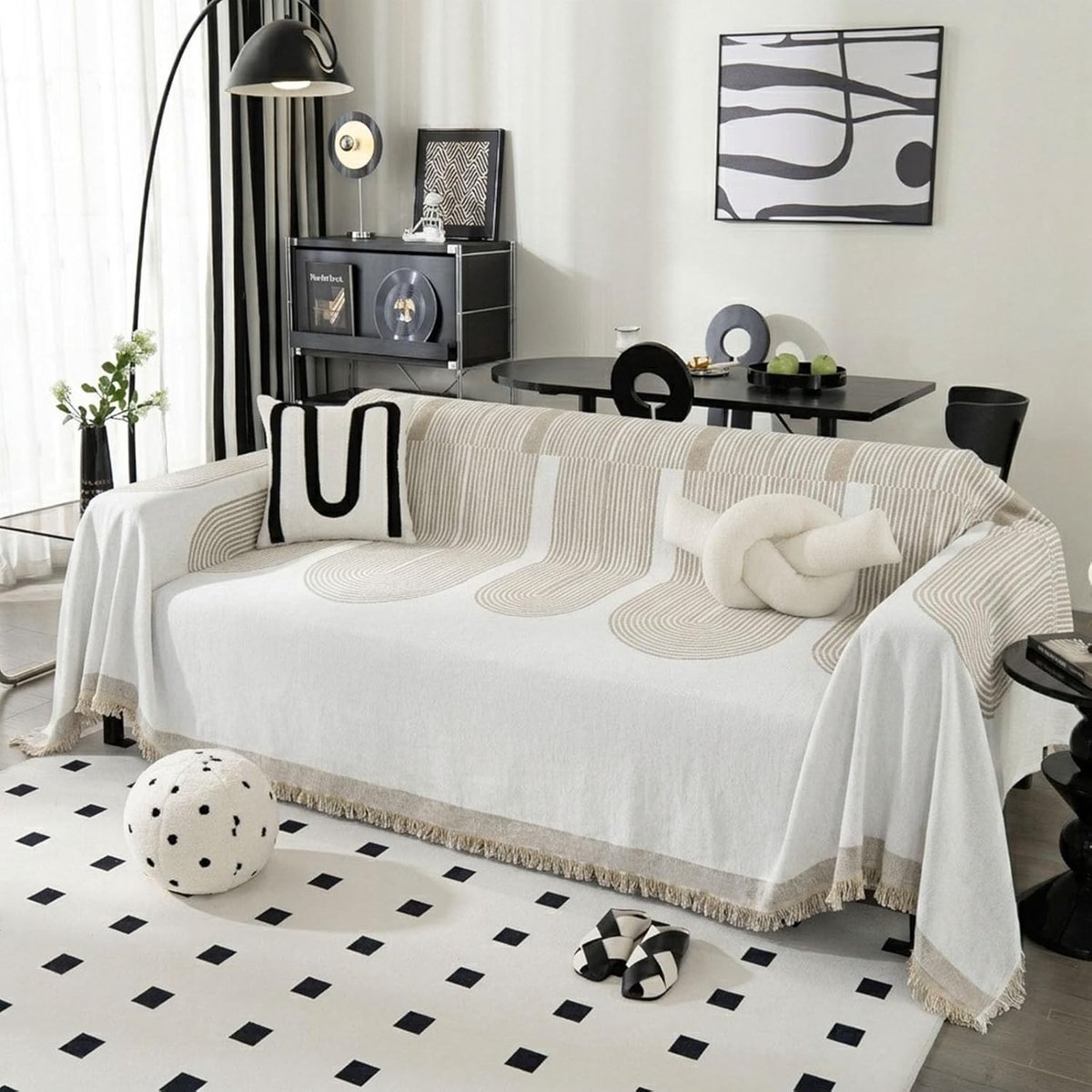 Stijlvolle bankhoes 180x300cm van chenille, wasbaar en ademend, perfect voor hoekbanken en huisdiervriendelijk, beige kleur