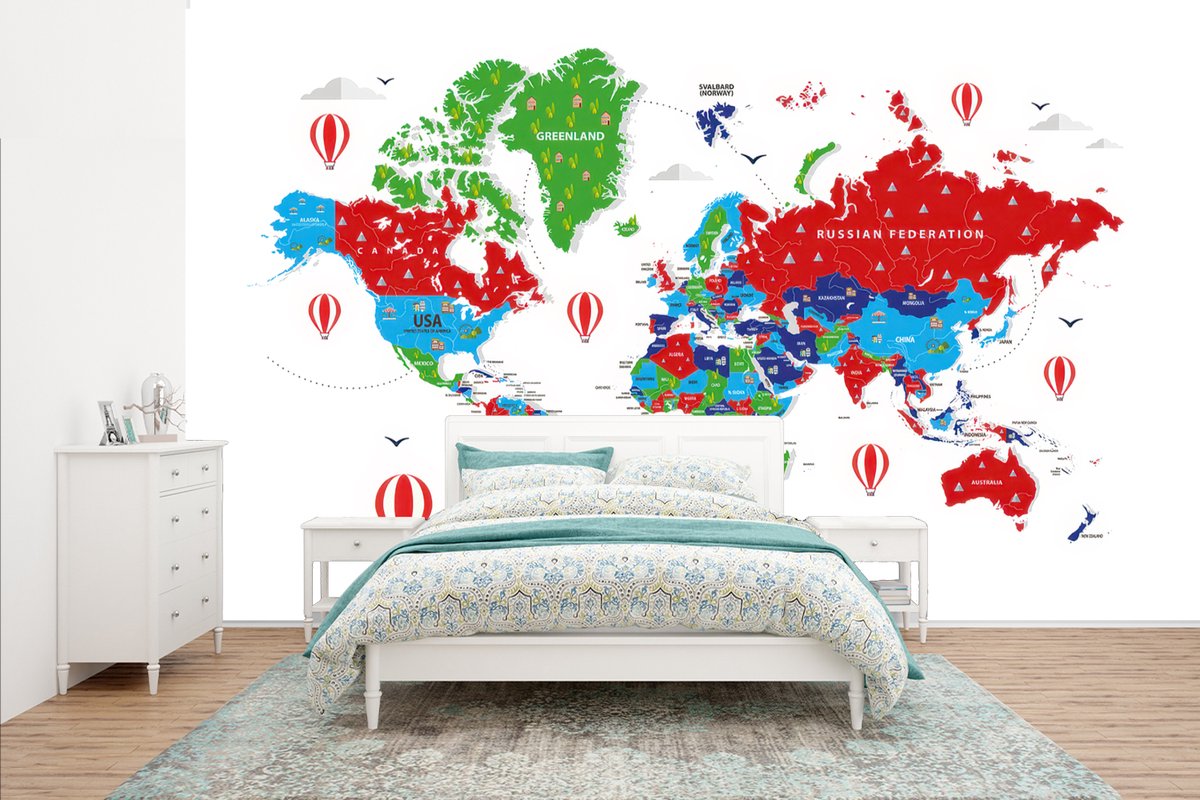 Behang - Fotobehang Wereldkaart - Kleuren - Luchtballon - Breedte 435 cm x hoogte 260 cm