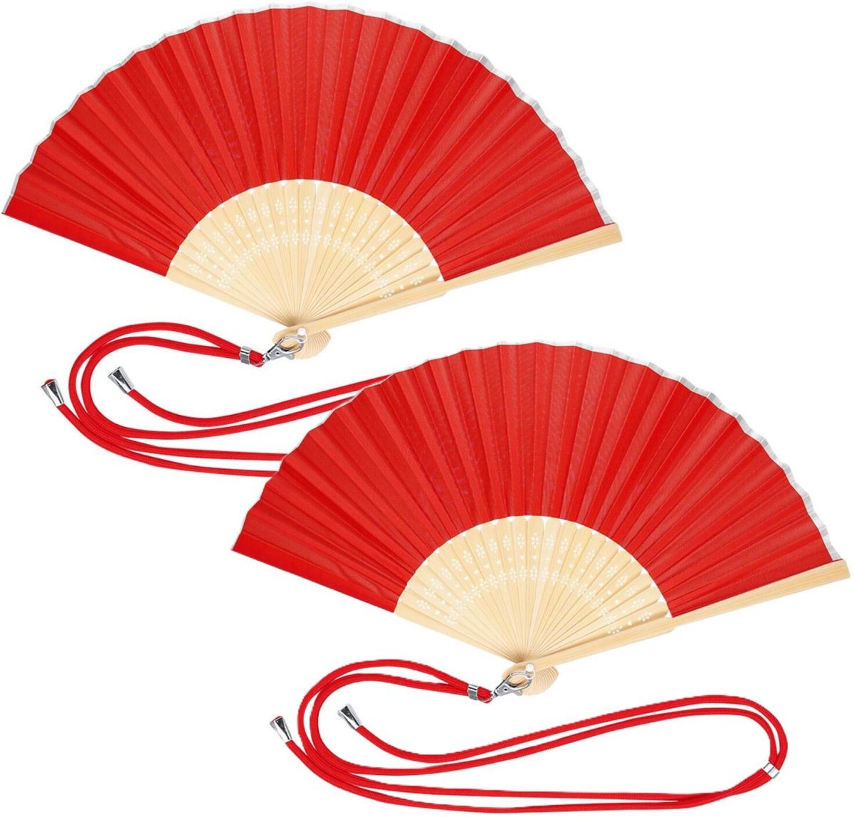 Bellatio Design Spaanse handwaaier - 2x - rood - bamboe/polyester - 38 x 21 cm - met nekkoord - festival waaier