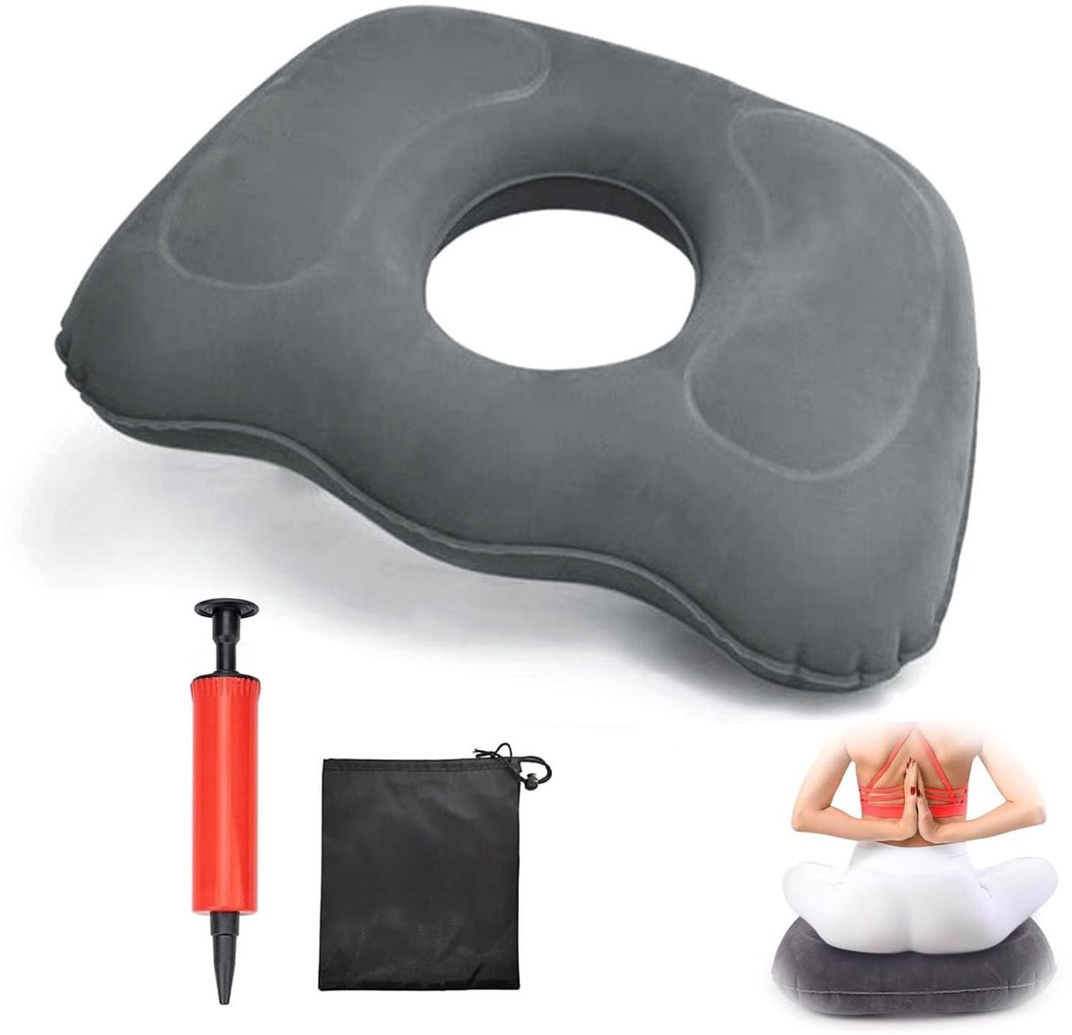 Kussen, orthopedisch, donutkussen voor pijn aan het stuitbeen, aambeien-zitkussen, rond aambeien zitkussen voor rolstoelen, bureaustoelen, autostoel (grijs)