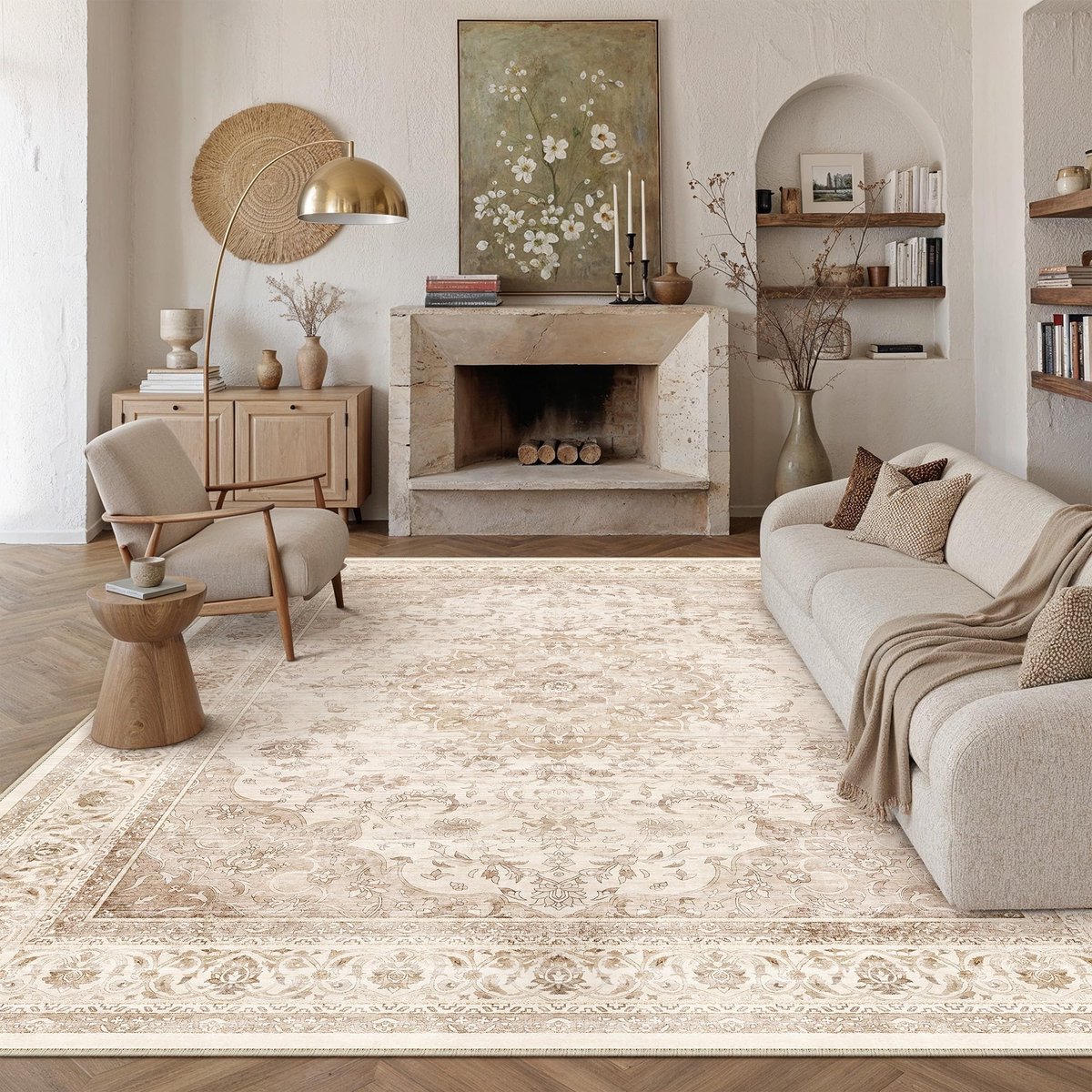 Vloerkleed voor woonkamer, 200 x 300 cm, beige, wasbaar, vintage woonkamertapijt, kortpolig, antislip, zacht, groot, retro tapijt voor slaapkamer, eetkamer, slaapkamer, woonkamer, kantoor