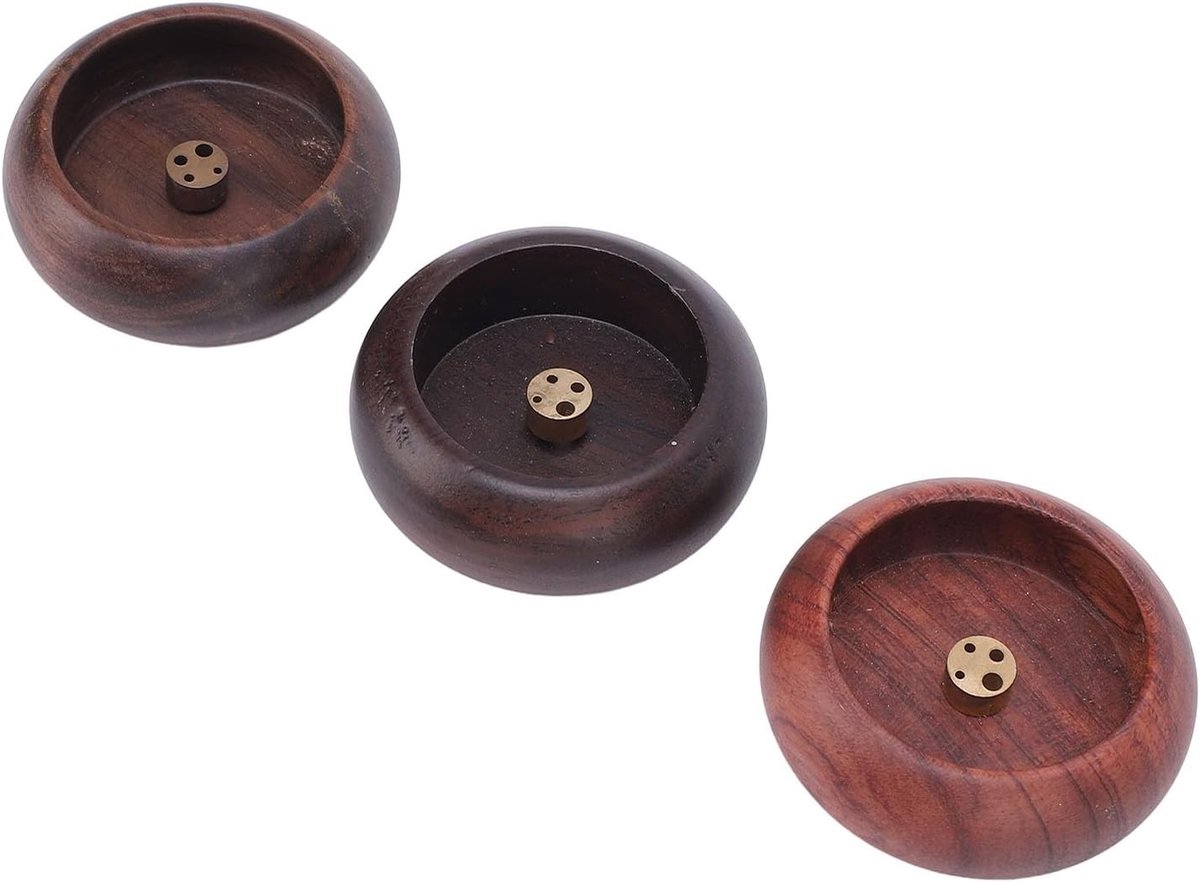 Handgemaakte Houten Wierookhouder Set van 3, Ideaal voor Thuisdecoratie, Meditatie en Yoga, Inclusief Kegelhouders met Koperen Accenten