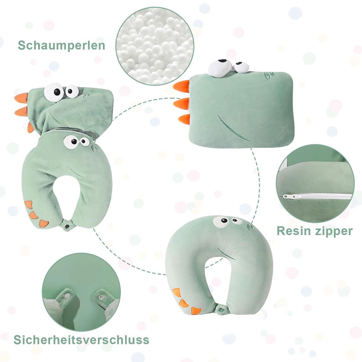 Reiskussen voor kinderen, dinosaurus, 2-in-1, nekkussen voor kinderen en slaapkussen, voor auto, kinderen, U-kussen, pluche neksteun voor reizen, vliegtuig, auto, thuis (gr