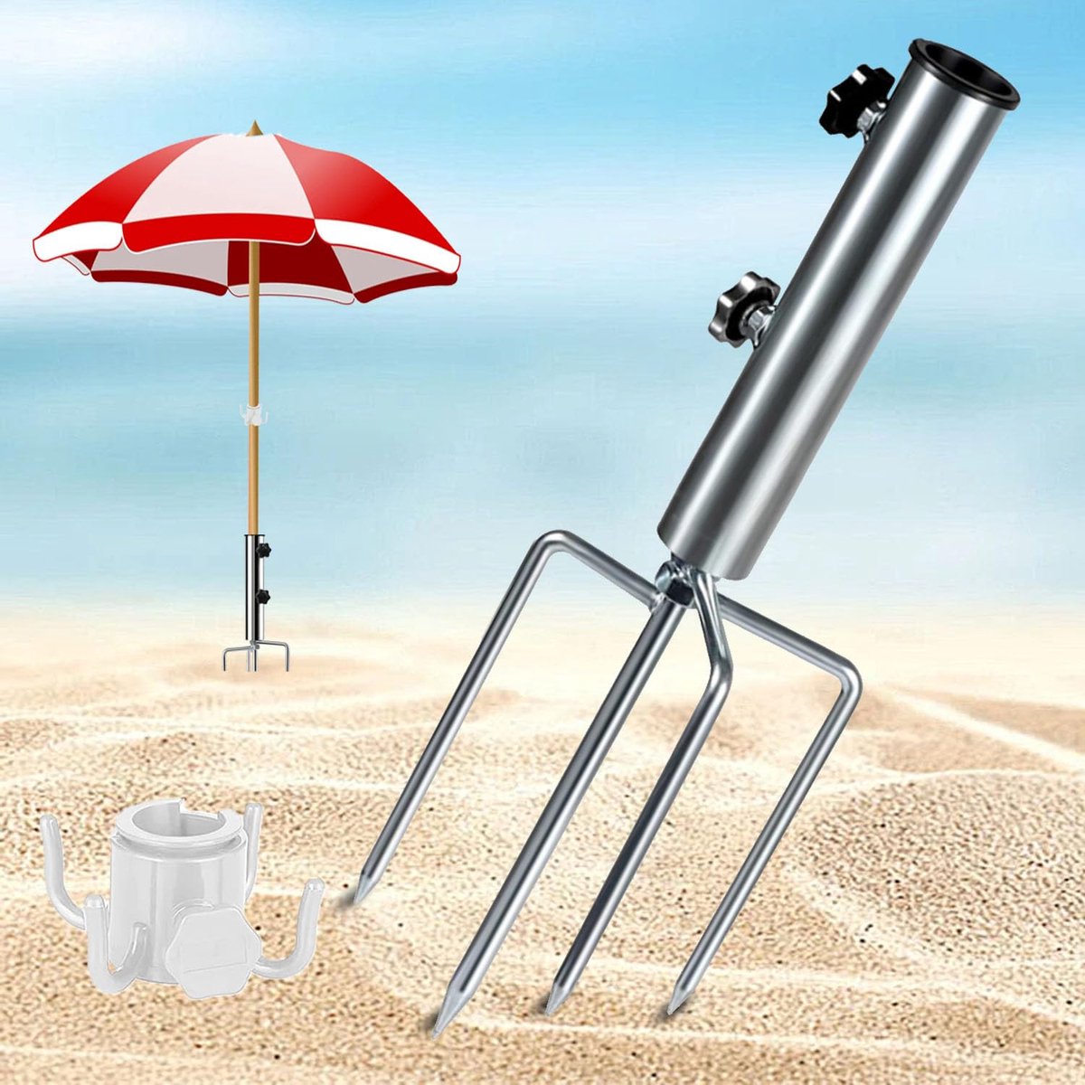 Parasolstandaard, parasol, parasolstandaard met 4 haringen, afneembaar instelbaar, terrasparasol, stalen lanker, grondanker voor vissen, strand, camping, gras