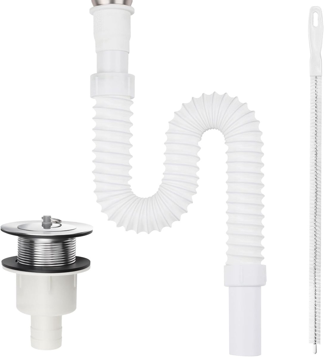 Flexibele Afvoerbuis 75mm voor Gootsteen met Sifon en 45cm Reinigingsborstel - Hoogwaardige Afvoeroplossing voor Badkamer, Keuken en Balkon