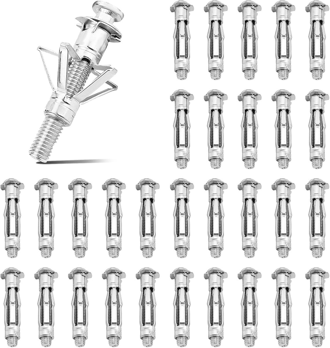 30 stuks holle ruimtepluggen, M6 x 37 mm, voor 3-13 mm dikte, bevestiging van lichte voorwerpen, koolstofstalen spreidpluggen, gipsplaatpluggen voor holle wanden, holle gipsplaat