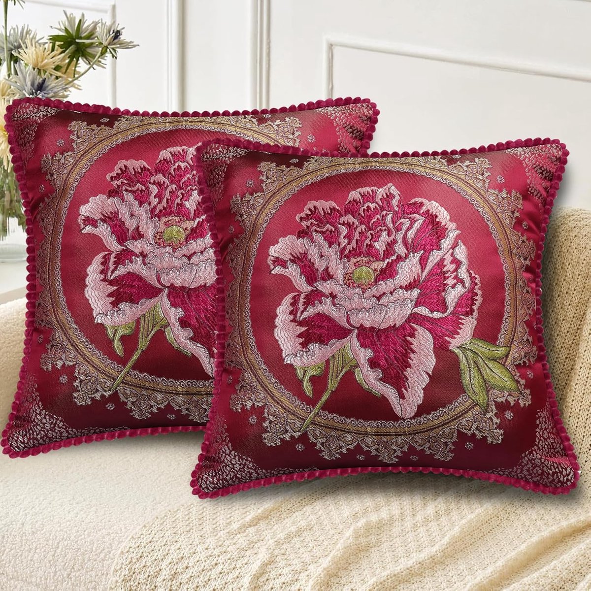 Kussensloop, 50 x 50 cm, set van 2 dubbelzijdig vintage geborduurd bloemenpatroon, superzacht, ademend, sierkussenhoes voor woonkamer, slaapkamer, balkon, onderhoudsvriendelijk, kreukvrij