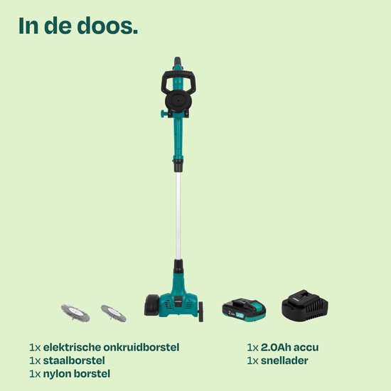 Inhoud van de doos: elektrische onkruidborstel, 1x staalborstel, 1x nylon borstel, 1x 2.0Ah accu en 1x snellader.