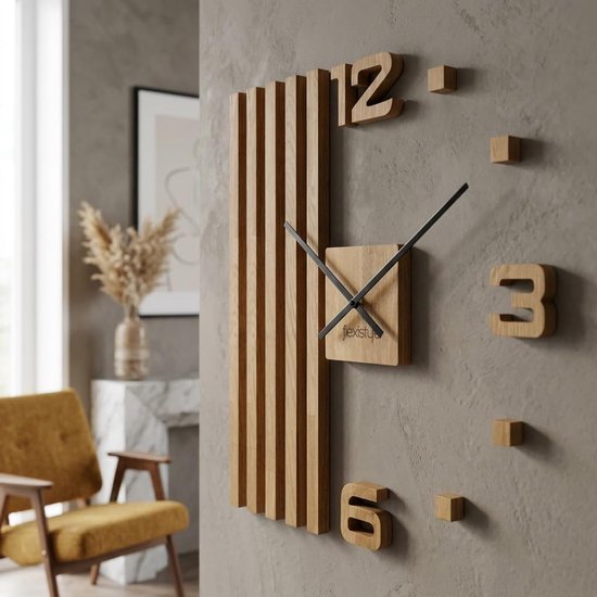 Wandklokken DIY hout eiken lamellen groot 60 cm 3D wandklok modern design eco muursticker decoratie klokken voor kantoor woonkamer slaapkamer decoratief artikel kwartsklok (zwarte wijzers)