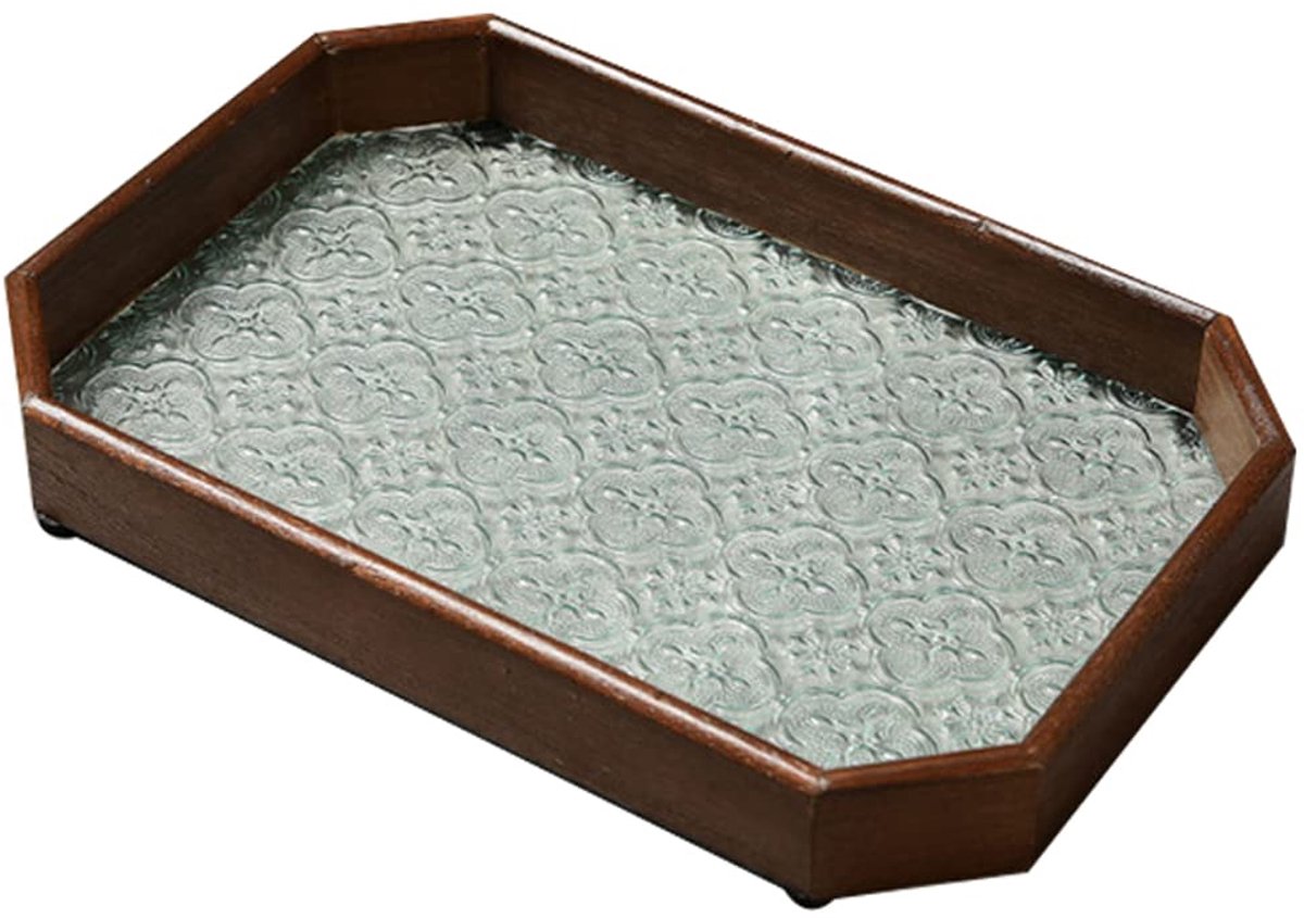 Achthoekig houten glazen dienblad - theeblad voor dineren - bruin