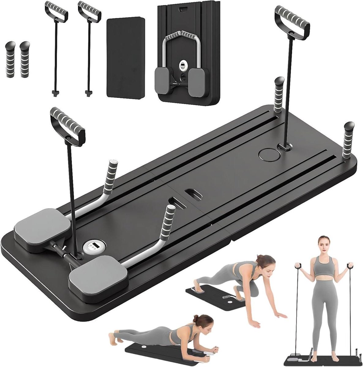 Pilates Reformer Compact - Buikspierroller Fitness - Thuis Trainen - Automatische Terugslag - 41 x 55 cm - Zwart