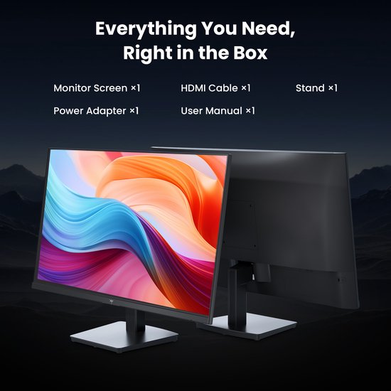 Monitor met abstracte achtergrond op het scherm. Wordt geleverd met monitor, standaard, stroomadapter en handleiding.