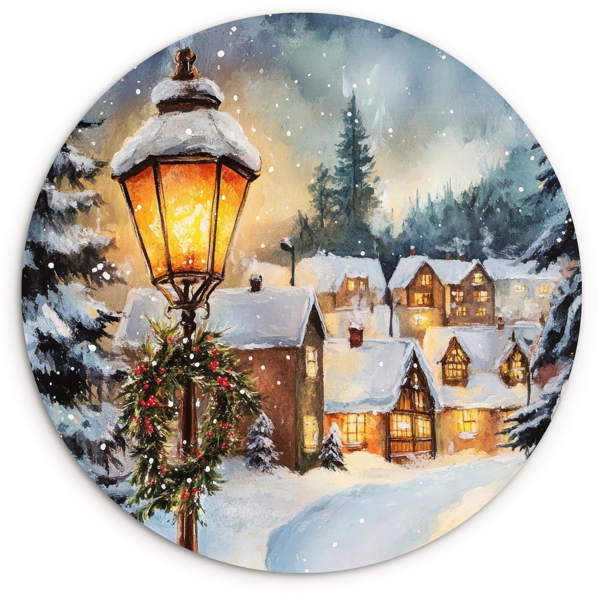 ® Wandcirkel 90x90 cm - Muurcirkel Kerstdorp - Huizen - Sneeuw - Kerst - Muurdecoratie woonkamer - Wanddecoratie slaapkamer - Kamer decoratie accessoires - Ronde schilderijen