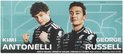 Twee jonge mannen in raceoveralls, Kimi Antonelli en George Russell, met logo's.