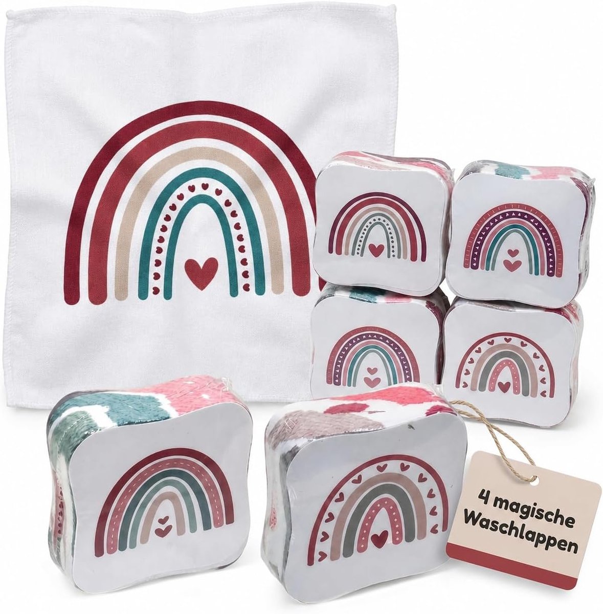 Washandjes, magische handdoeken, magische handdoeken, toverhanddoek, cadeautje voor kinderen, cadeautje tombola, 100% katoen, ontvouwt zich in warm water (hart-regenboog)