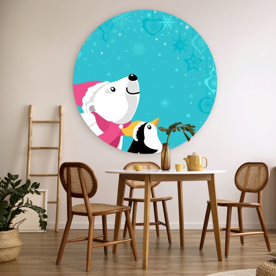 Illustration d'un pingouin et d'un ours polaire sur fond bleu Assiette en plastique cercle mural - ⌀ 150 cm - peinture ronde - impression photo sur cercle mural plastique (forex) / cercle vivant / (décoration murale)