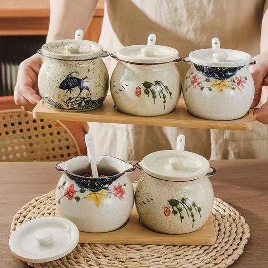 keramiek, suikerpot met deksel en lepel, 300 ml keramische kruidenpotjes, kruidenpot met deksel voor suiker, zout, kaas, specerijen — afbeelding 5