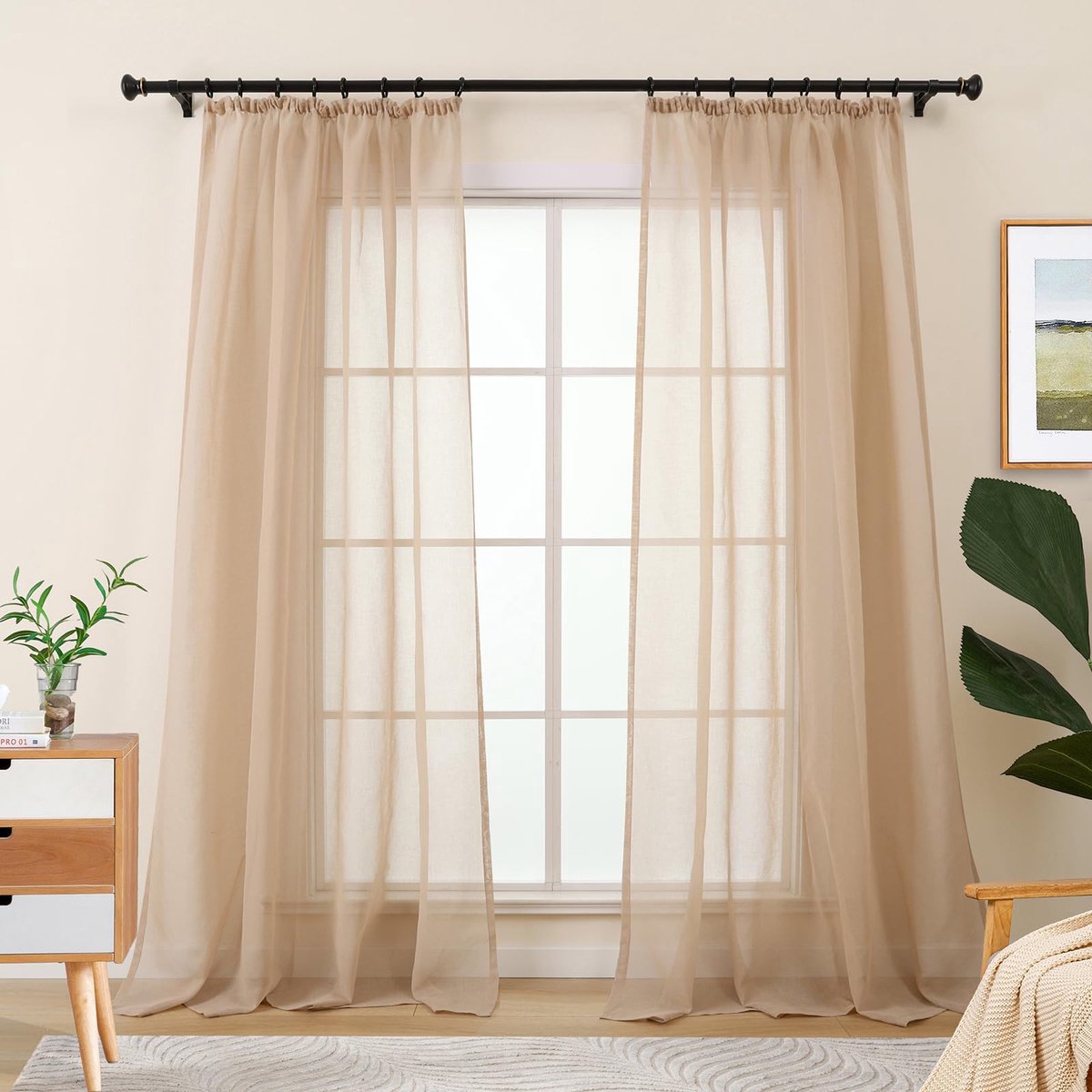 Gordijnen Beige voor woonkamer, transparante gordijnen met ruitband voor railsysteem, zandrail gordijn voor slaapkamer, set van 2 linnenlook gordijnen modern 245 cm lang