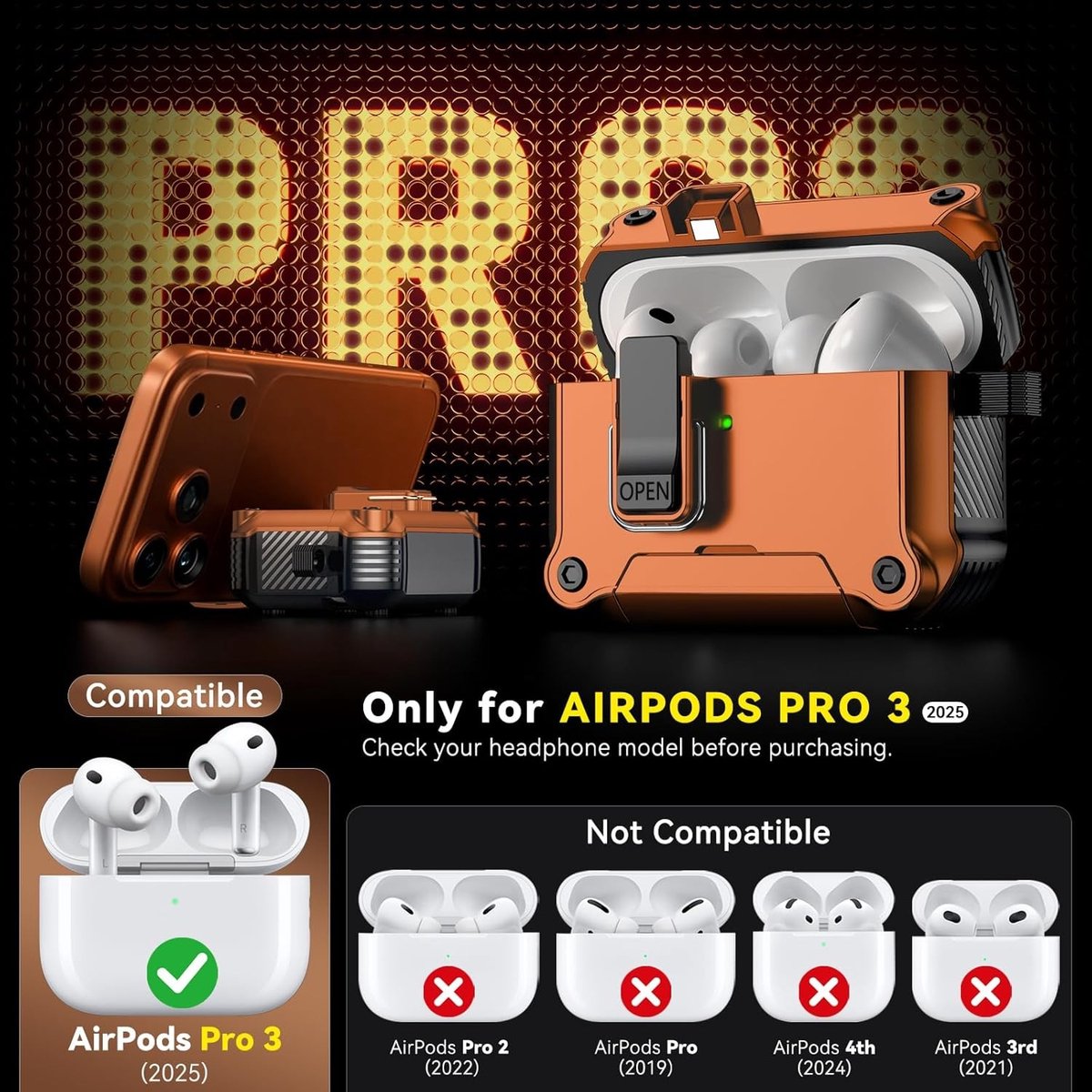 Compatibele beschermhoes voor Airpods Pro 3 met Dual-Lock, telefoonstandfunctie en reinigingsset - oranje