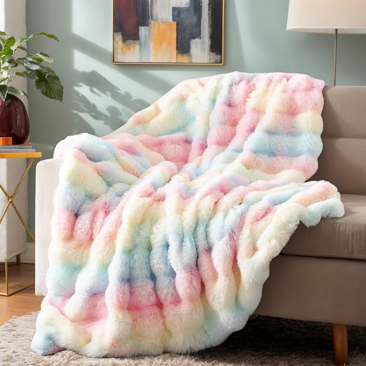 Zachte warme pluche fleecedekens van konijn, dik 1000 g/m², plaids voor bank, grote pluizige veelzijdige deken voor slaapkamer, bank, reizen, kinderen, camping (regenboog, 100 x 160 cm) — cadeau in Cadeau-ideeën - foto 8