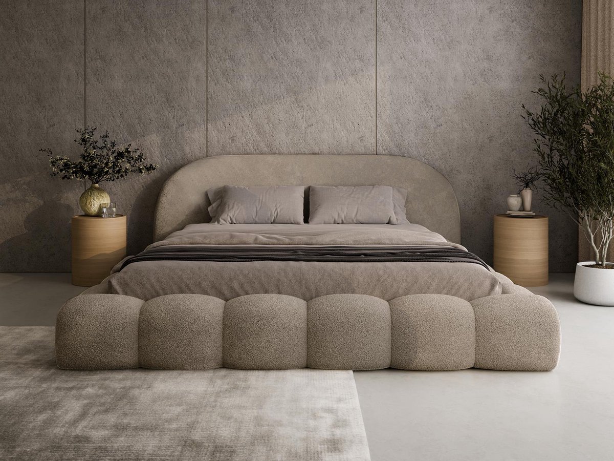 Compleo24 Bubble Gestoffeerd Bed met Afgerond Hoofdbord – Tweepersoonsbed in Bouclé 160x200 cm- Lichtbruin
