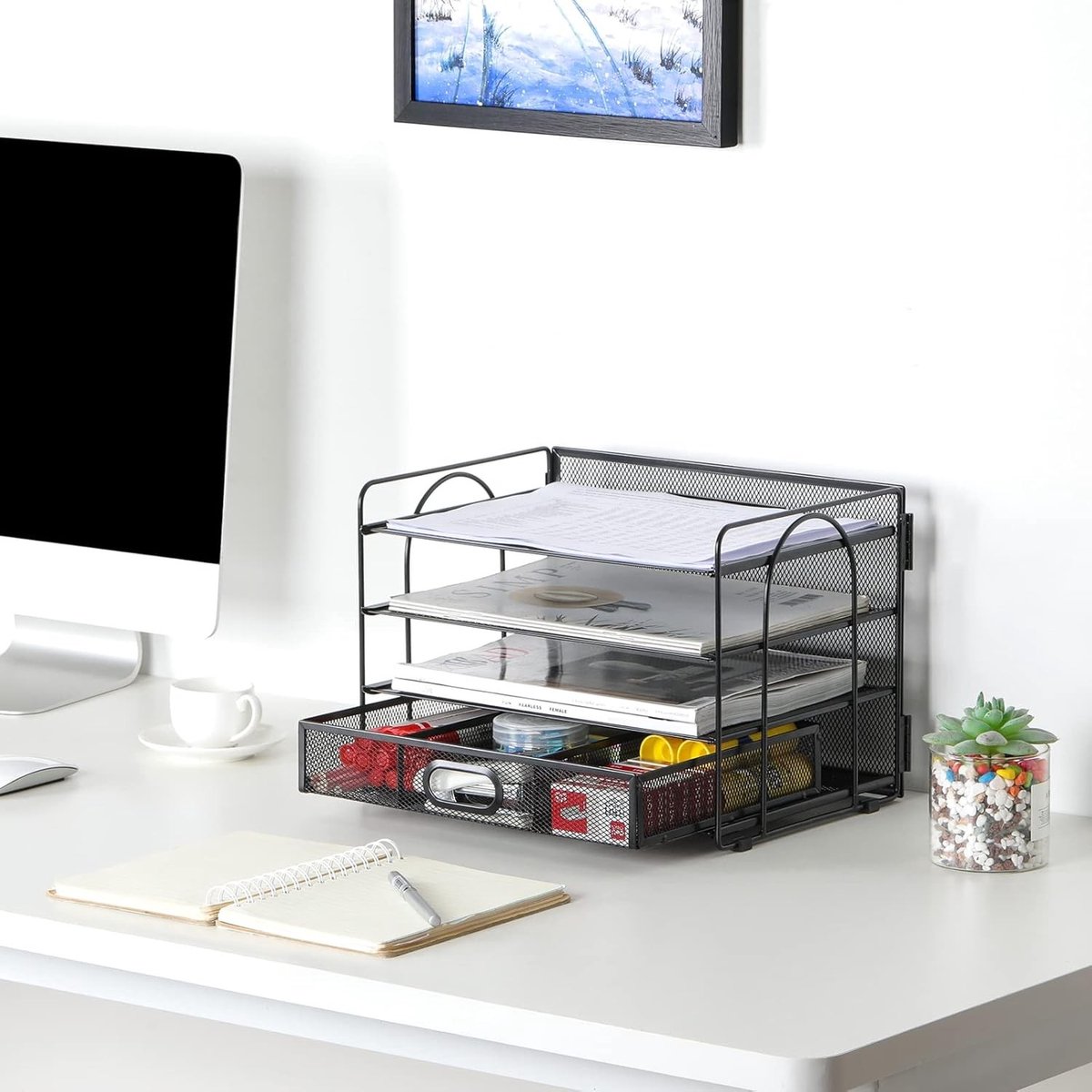 4 Compartimenten A4 Metalen Bureau Organizer Documenthouder Bestandenbak Tijdschriftenhouder Met Stationery Tray, Zwart