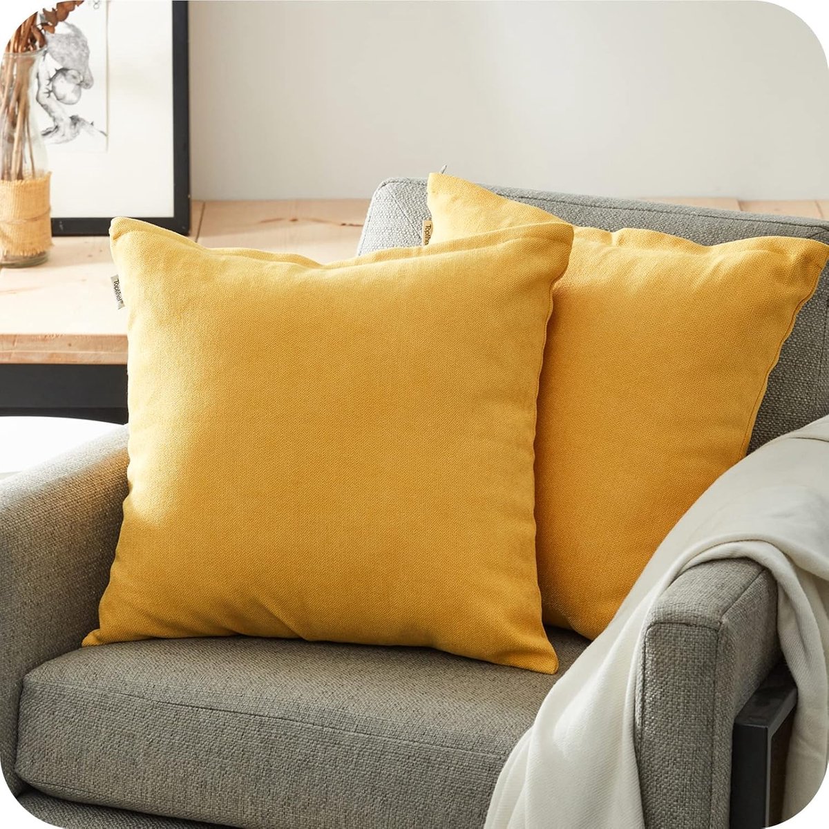 Mosterdgele kussenhoezen 45 cm x 45 cm chenille lente kussensloop zachte vierkante effen decoratieve sierkussenslopen voor slaapbank slaapkamer woonkamer set van 2