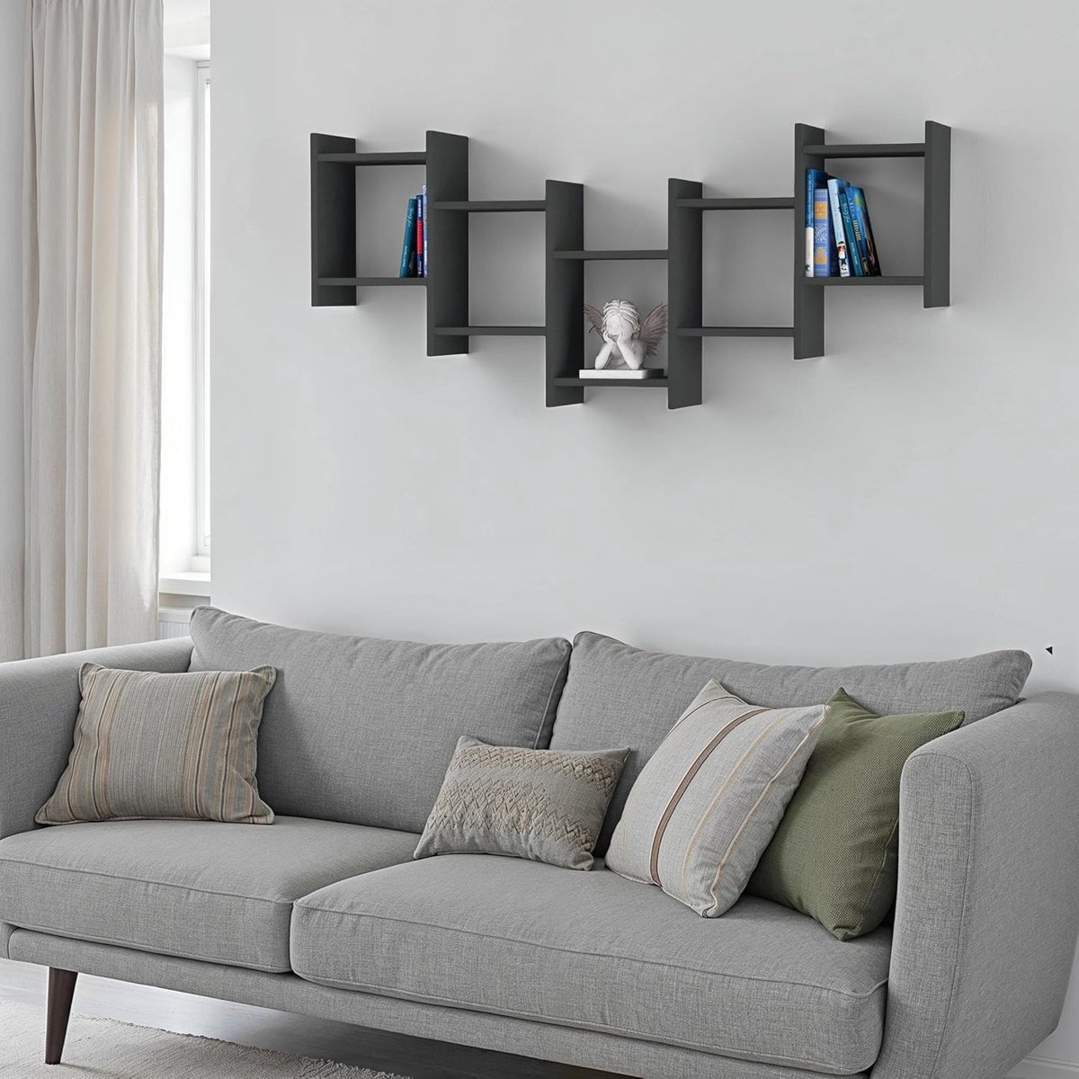 Zwevende Wandplank – 5-Lagen Wandrek – Modern Wandmeubel van Houtcomposiet – Voor Boeken & Accessoires – Woonkamer of Kantoor – Eenvoudig te Monteren – Antraciet