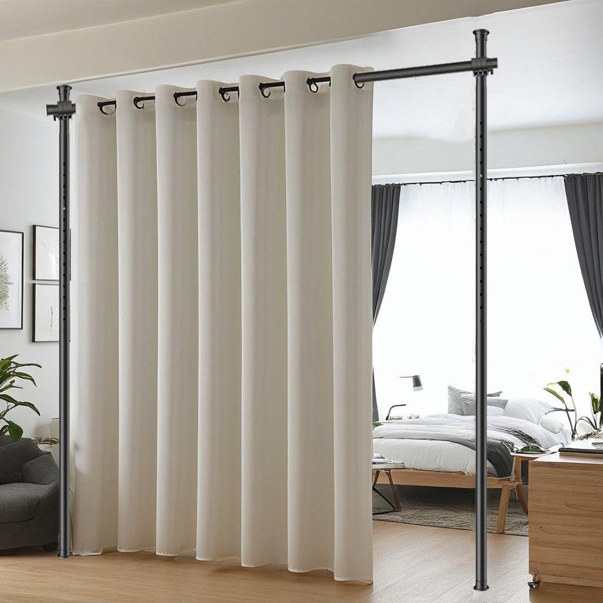 Gordijnroede, flexibiliteit verstelbaar kamerscherm, ruimteverdeler scheidingswand, zonder boren, voor slaapkamer of kantoor, 180 x 300 cm