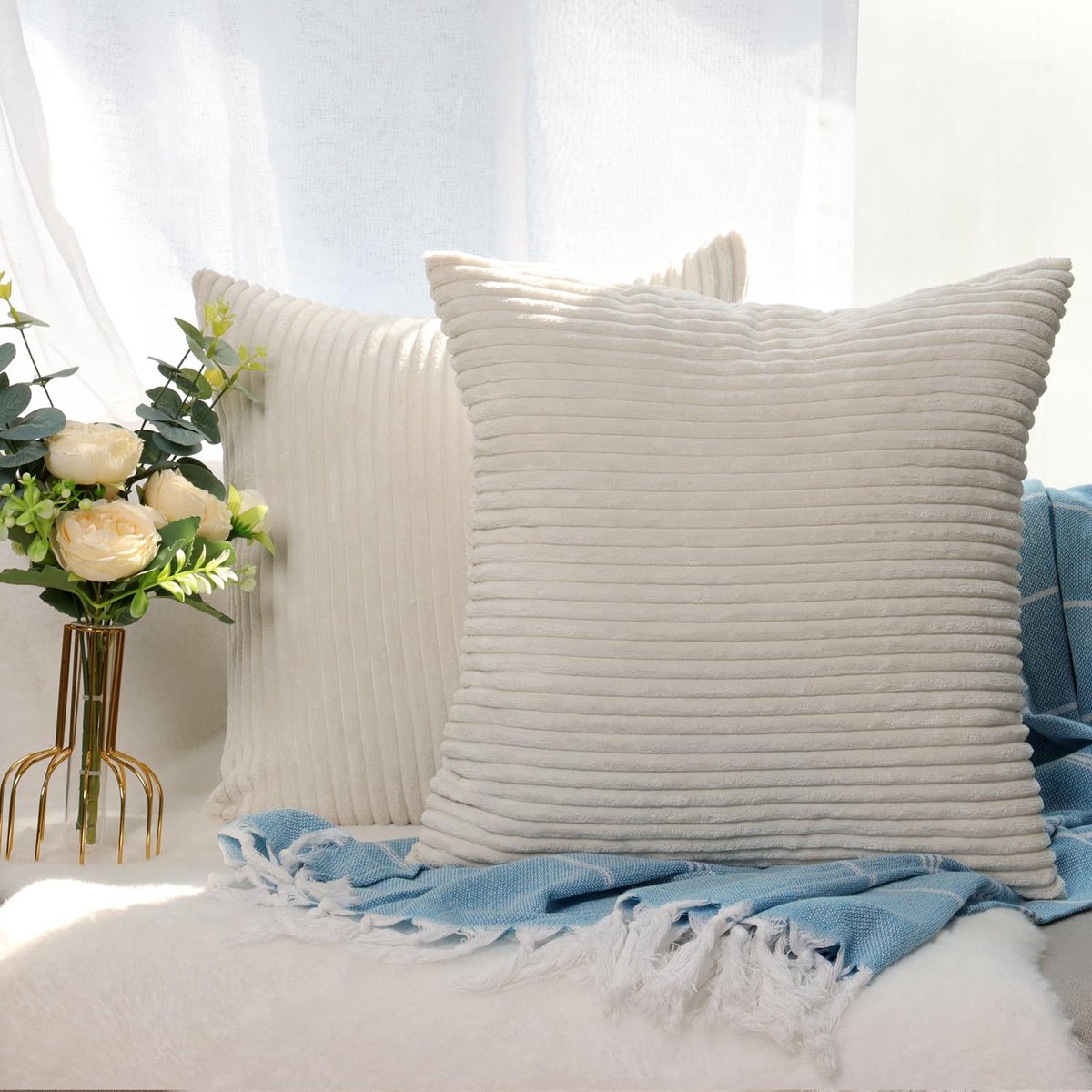 Kussenhoes 45x45 cm, Crème Corduroy Kussenslopen met Onzichtbare Rits voor Bank, Woonkamer en Slaapkamer 2 Stuks