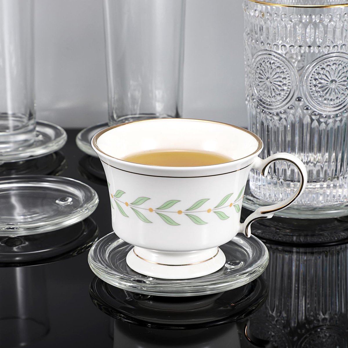 Set van 5 glazen onderzetters ronde beker mat, helder glazen onderzetters voor dranken koffie thee wijn, decoratieve wijnfles onderzetters kristallen onderzetters voor restaurant keuken bar