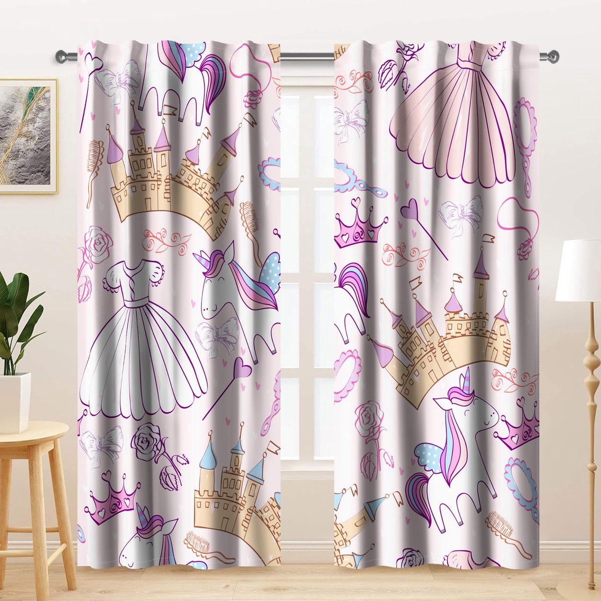 Gordijnen voor kinderen, 2 panelen, roze slot, jurken, kransen, strik, cartoon, voor kinderen, meisjes, slaapkamer, kleuterschool, raam, decoratie