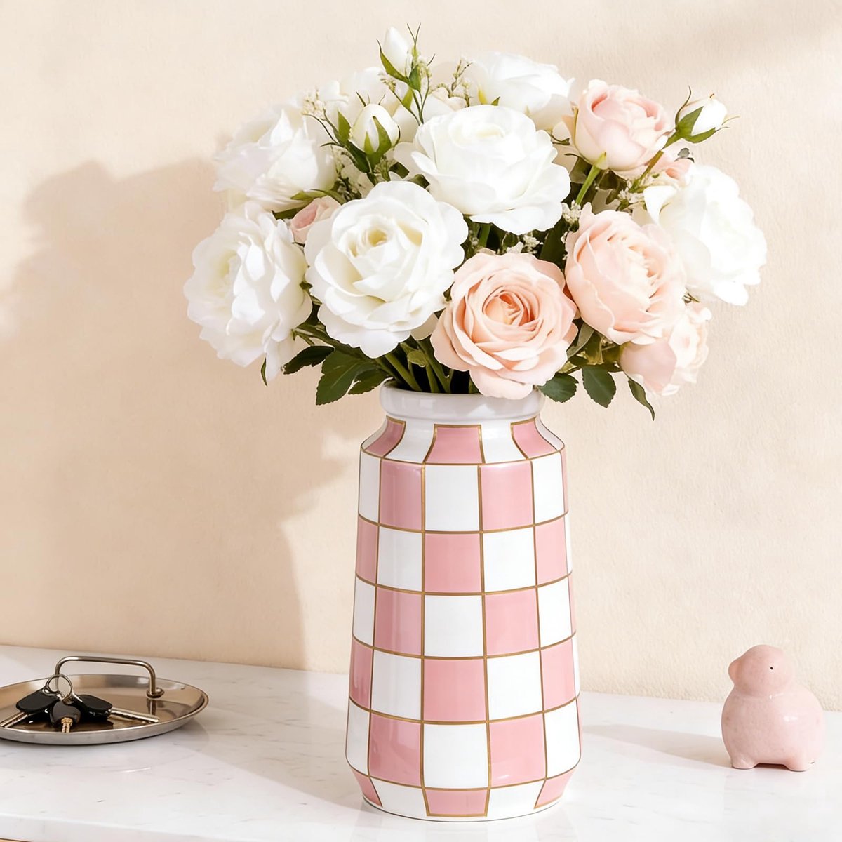 Vaas, mid-century modern geruite vazen voor bloemen en pampasgras als middenstuk, zwart-wit geruite vaas voor eettafel, keuken, tafelblad, minimalistisch decoratief (roze)