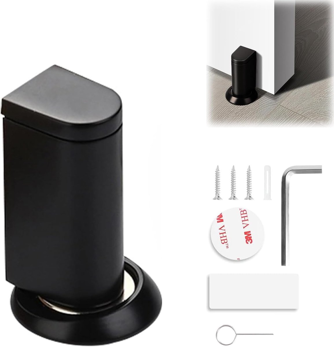 Deurstopper & Verstelbare Metalen Vloerdeurstopper, Boorvrije Deurvergrendeling met Sterke Magneet en 3M-Lijm, Wandbeschermer voor Binnen/Buiten in Zwart Mat