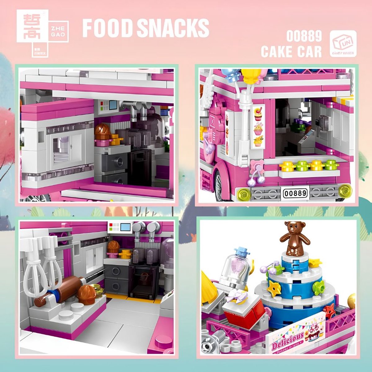 Zhe Gao 00889 Cake truck bouwset | City & friends Adventure | Classic Creator STEM speelgoed knutselen meisjes bouwpakket | Kermis & Pretpark Auto Foodtruck modelbouw voor kinderen & volwassenen | niet geschikt voor Lego | Bouwdoos met 608 bouwstenen — afbeelding 3