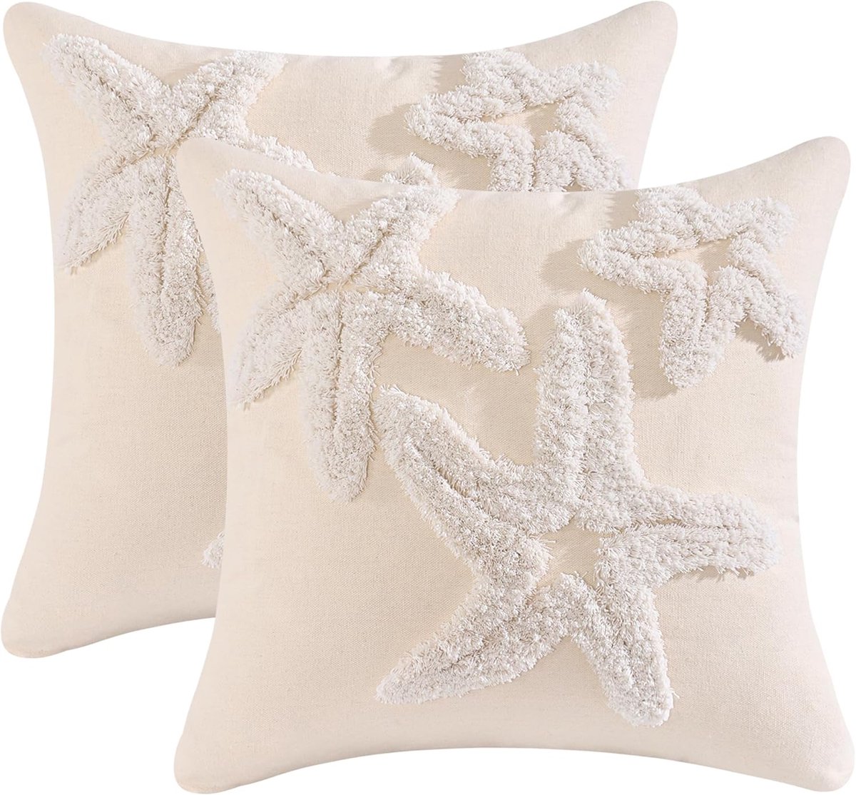 Set van 2 kussenslopen zomer strand 45 x 45 cm getufte drie zeesterren zee landschap decoratieve kussenhoezen sierkussenslopen voor bank woonkamer thuis zomer decoratie