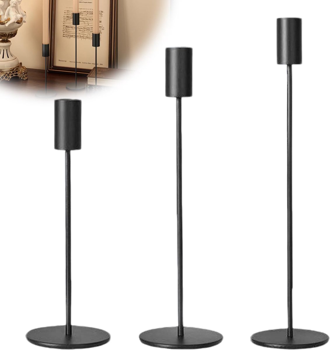 3 stuks tafelkaarsenhouders, set van 9 metalen kaarsenhouders 32/27/22 cm, voor conische kaarsen van 2,2 cm, zwarte kandelaars voor tafelkaarsenhouder, bruiloft, verjaardag, Kerstmis (zwart
