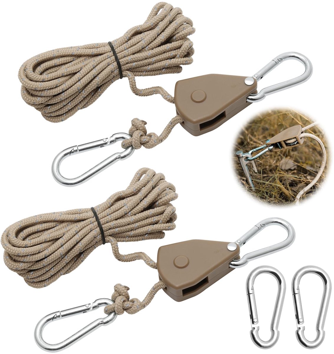 2 Stuks 4M Rateltouw, Grow Lights Ratelhangers met 2 Vervangende Metalen Snaphaken, Verstelbare Heavy Duty Touwhanger voor Kweekruimteuitrusting en Outdoor Camping