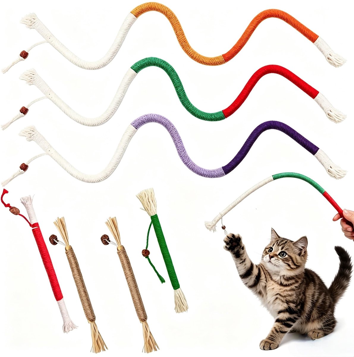 7-piece cat chew toy set, chew rope toy for cats | 3 pieces cat chew rope, 4 pieces cats chew sticks | ropes for cats, dental care and fresh breath for healthy hygiene