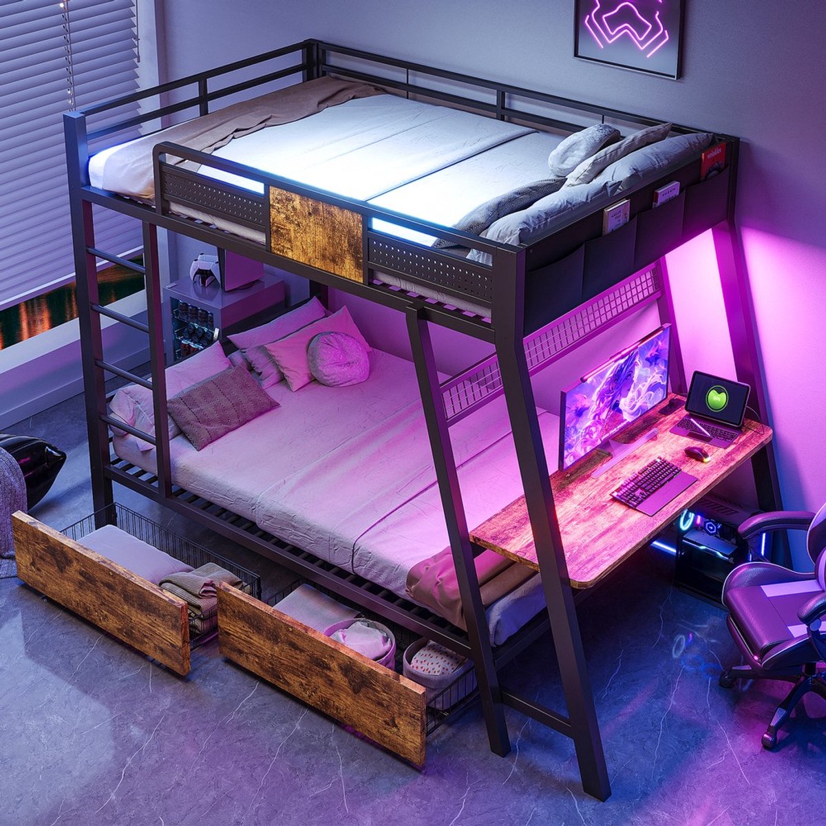 KOMHTOM Stapelbed - 90x200 cm - Metalen bed met Gaming Bureau - LED Verlichting - USB en Type-C Stopcontacten - Opbergruimte - Tweepersoons IJzeren Bed - Zwart - Jeugdbed voor Kinderen
