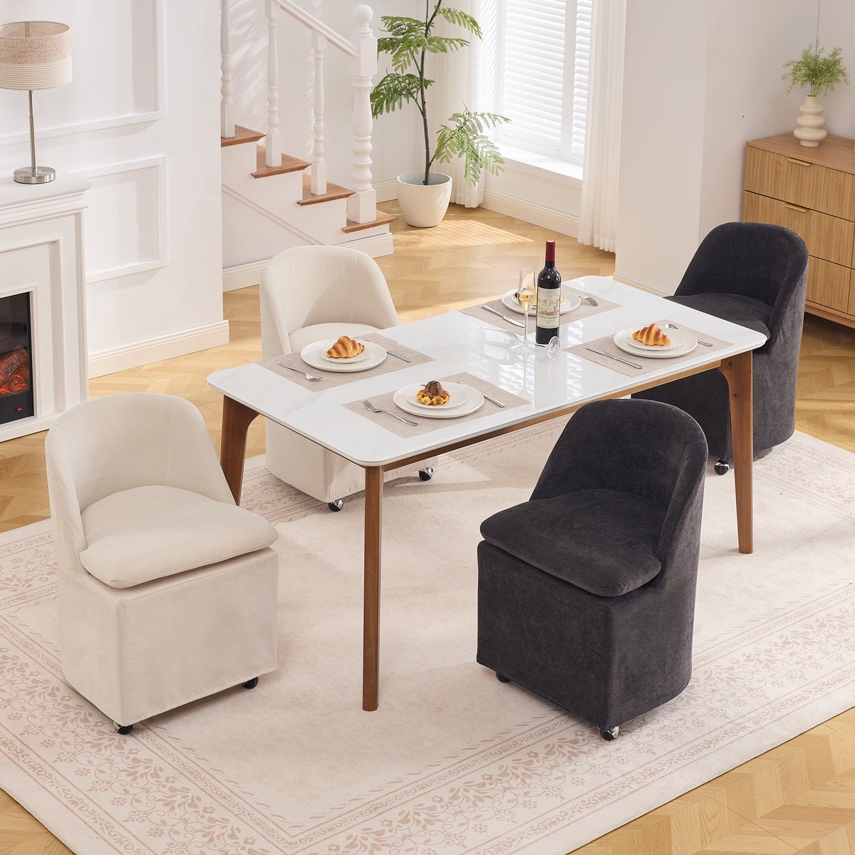 HAUSS SPOLE Eetkamerstoel - Set Van 2 - 360 Graden Draaibaar Met Wielen En Afneembare Hoes - Voor Eetkamer En Kaptafel - Chenille Grijs
