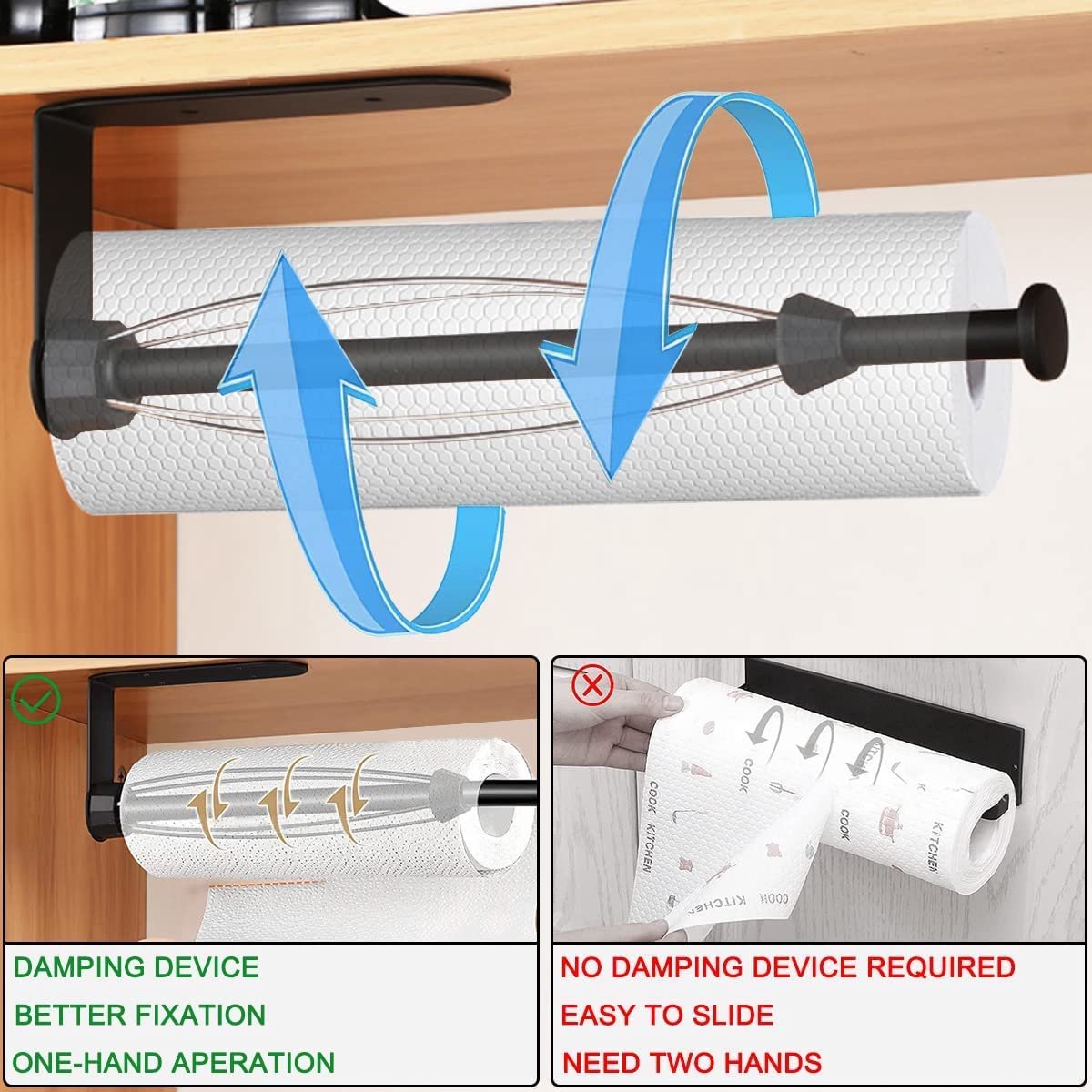 Keukenrolhouder met dempend effect, keukenrolhouder voor aan de muur zonder boren, keukenroldispenser, keukenrolhouder, opbergorganizer, zwart