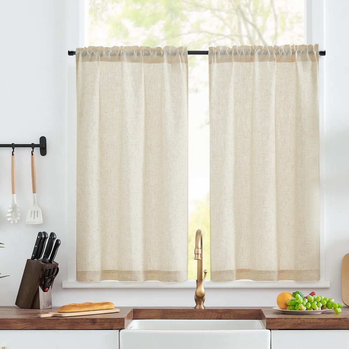 Vitrage, modern, woonkamer, beige, bistrogordijn, set van 1 vitrage, keuken, linnenlook, kort, h 40 x 125 cm, gordijn voor keukenramen, gordijnen, keuken, landhuisstijl