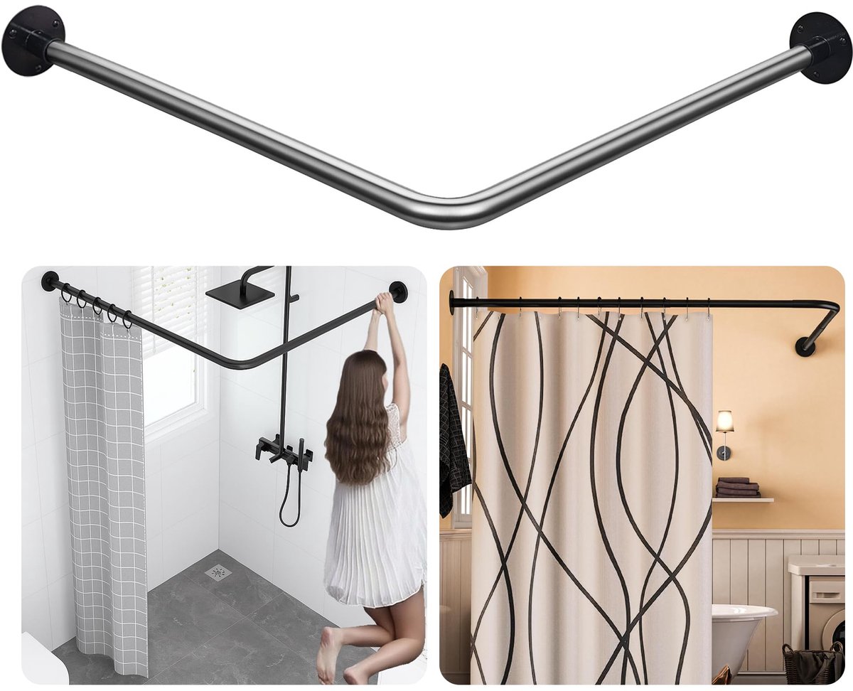 roestvrij staal 304 L-vormige badkamer douchegordijn hoekbadkuip rek roestvrij staal (zwart, 70-100 x 70-100 cm)