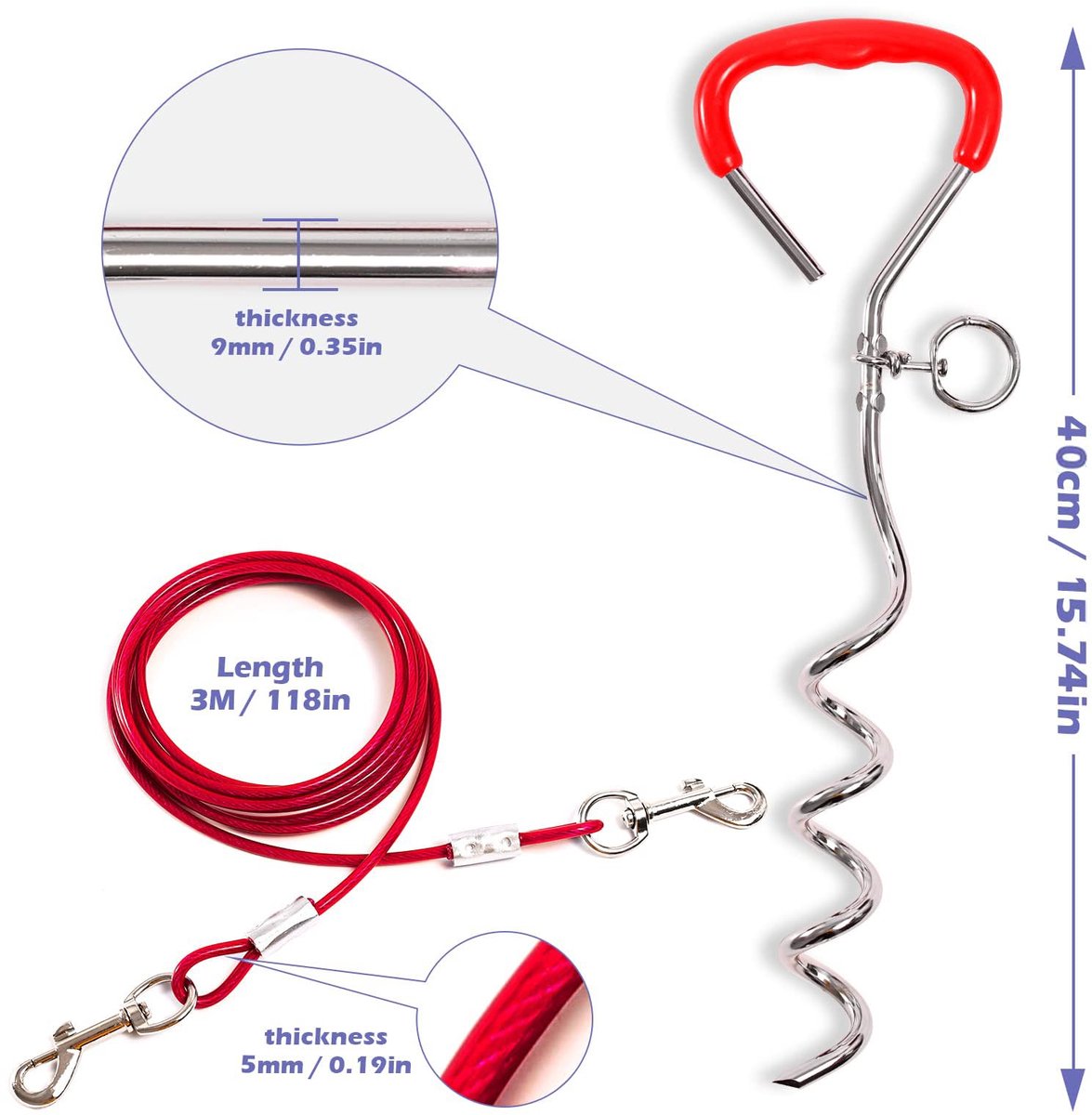 40 cm spiraalanker met 5 mm x 3 m stalen kabel grondanker om in te schroeven, 80 kg trekkracht, voor puppy's, huisdieren en middelgrote honden, camping, hond, accessoires voor tuin, weide, reizen