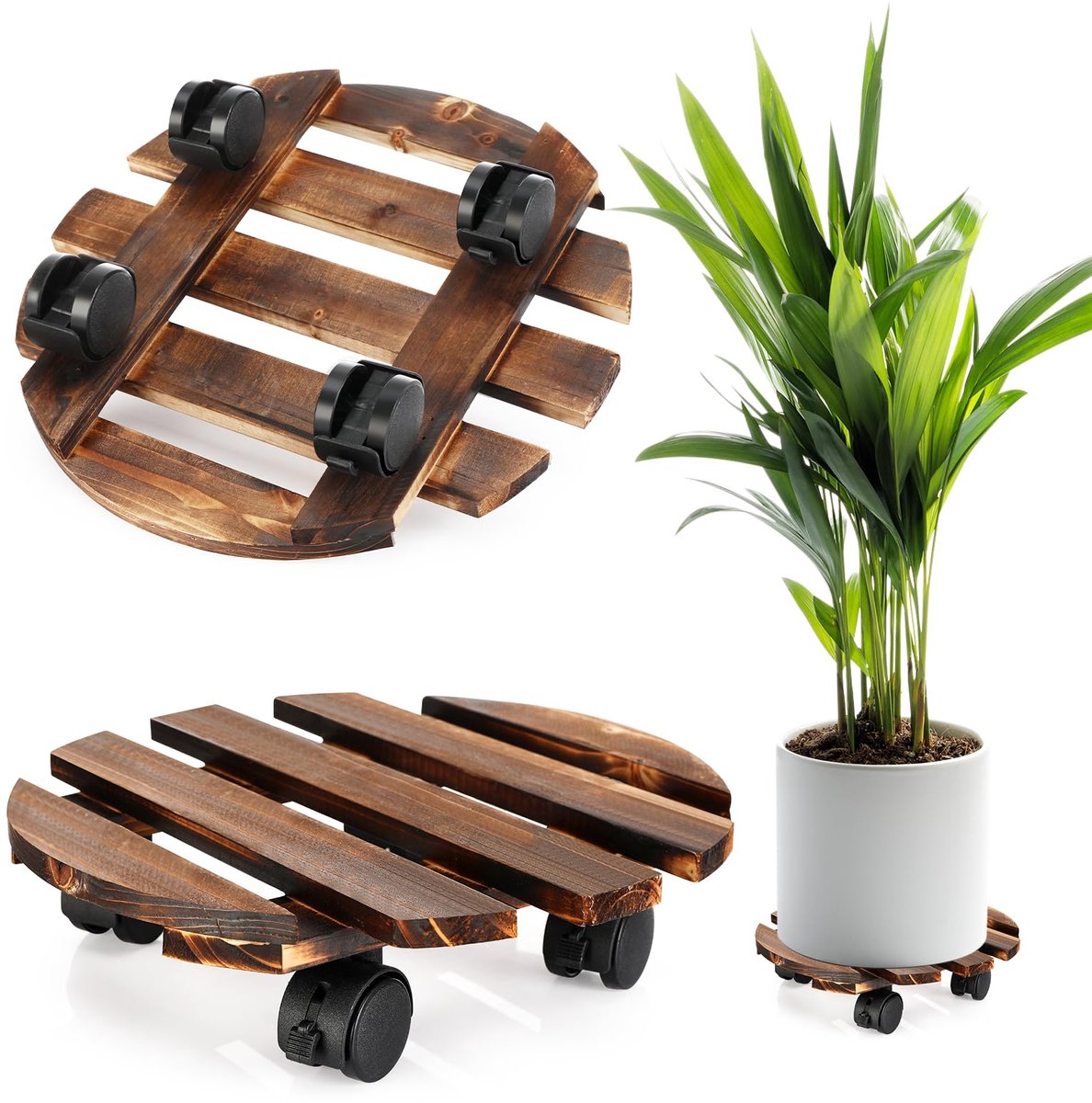 2 stuks plantenroller, 30 cm rond, stil, 360° rubberen wielen met rem, houten rolplank, planten, plantenroller, heavy duty, outdoor rolplank, planten, weerbestendig, voor buiten en binnen