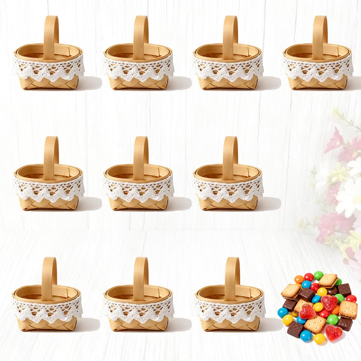 Manden, mandenhandvat met kleine, wilgenmand, handvat met kantdecoratie, geweven presentmand voor bruiloft, feest, gastgeschenken, ornamenten, handwerk